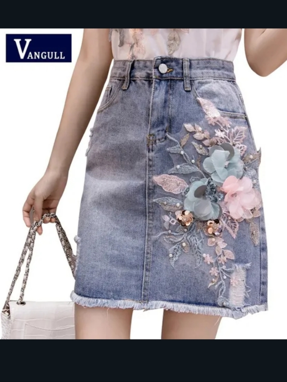 Stunning Floral Embroidered Distressed Denim Light Wash Denim Mini Skirt - Women